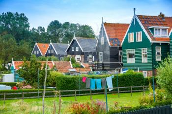The old traditional colorful houses in the Dutch fisherman village Marken.