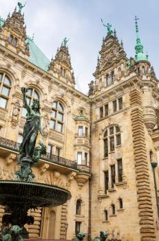 The statue of Hygieia the goddess of health and hygiene n the courtyard of Hamburg City Hall (Rathaus), Germany.