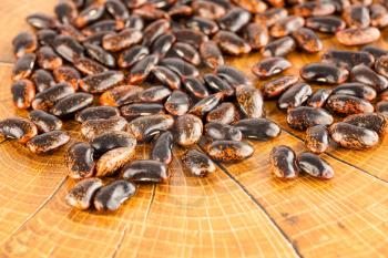 Scarlet runner beans on brown background.