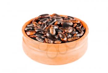 Scarlet runner beans in the ceramic pot isolated on a white background.