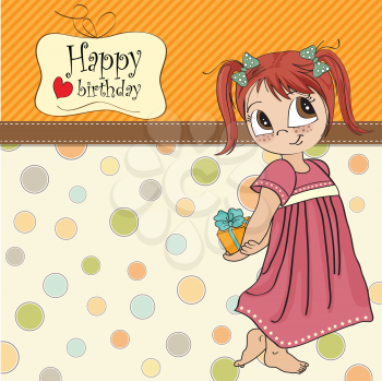Royalty Free Clipart Image of a Girl With a Present Behind Her Back on a Birthday Greeting