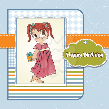 Royalty Free Clipart Image of a Birthday Greeting With a Little Girl Holding a Gift