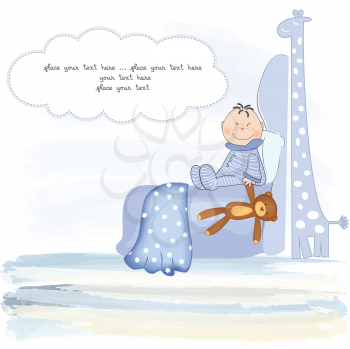 Royalty Free Clipart Image of a Baby Boy With Stuffed Toys and Space for Text