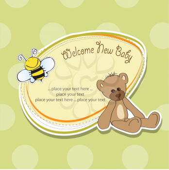 Royalty Free Clipart Image of a Baby Announcement With a Bear and a Bee