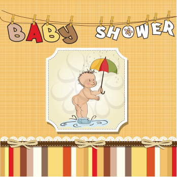 Royalty Free Clipart Image of a Baby in a Puddle on a Baby Shower Background
