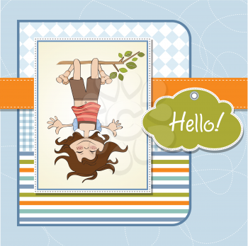 Royalty Free Clipart Image of a Girl Hanging Upside Down