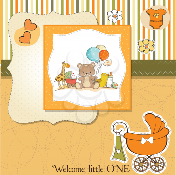 Royalty Free Clipart Image of a Baby Announcement With Animals and Balloons in the Centre