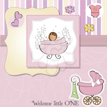 Royalty Free Clipart Image of a Little Girl in a Tub on a Background With a Carriage in the Corner