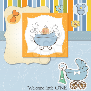 Royalty Free Clipart Image of a Baby Boy in a Bathtub and a Carriage in the Bottom Corner