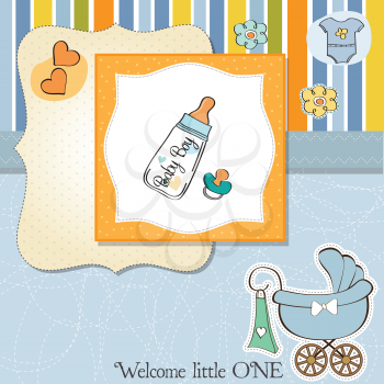 Royalty Free Clipart Image of a Birth Announcement with a Baby Bottle, Pacifier, and a Carriage on It 