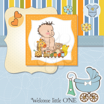 Royalty Free Clipart Image of a Birth Announcement With a Baby Boy, Toys and a Carriage