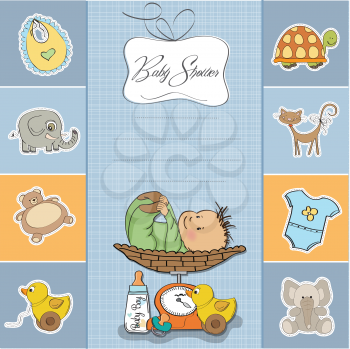 Royalty Free Clipart Image of a Baby Boy on a Scale on a Shower Invitation