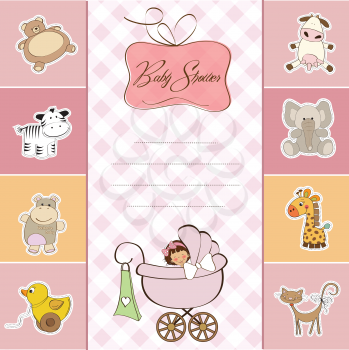 Royalty Free Clipart Image of a Baby Shower Invitation With a Girl in a Buggy
