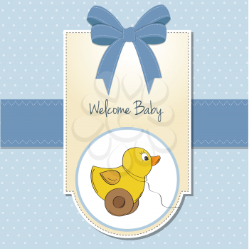 Royalty Free Clipart Image of a Welcome Baby Card With a Duck Toy