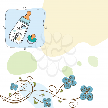 Royalty Free Clipart Image of a Baby Bottle and Soother With a Floral Flourish
