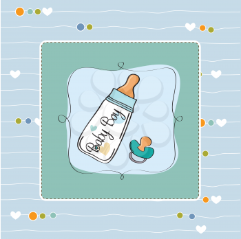 Royalty Free Clipart Image of a Baby Announcement With a Bottle and Pacifier