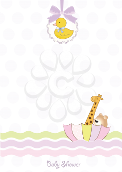 Royalty Free Clipart Image of a Baby Shower Card With Animals in an Umbrella