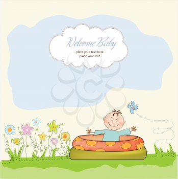Royalty Free Clipart Image of a Baby in a Pool on a Welcome Baby Card