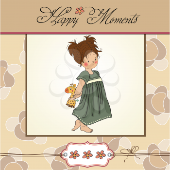 Royalty Free Clipart Image of a Little Girl Holding a Toy Giraffe