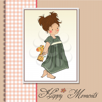 Royalty Free Clipart Image of a Little Girl Holding Her Toy Giraffe