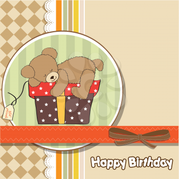 Royalty Free Clipart Image of a Birthday Card With a Bear on a Gift