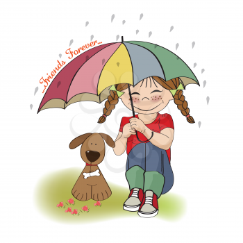 Royalty Free Clipart Image of a Girl and a Dog Under an Umbrella