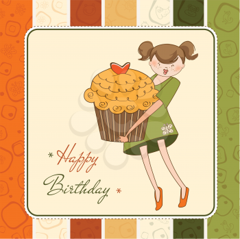 Royalty Free Clipart Image of a Birthday Card With a Girl Holding a Cupcake