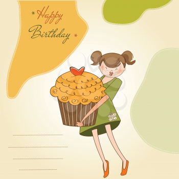 Royalty Free Clipart Image of a Birthday Greeting With a Girl Holding a Cupcake