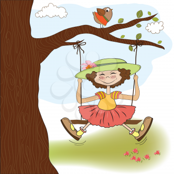 Royalty Free Clipart Image of a Girl on a Tree Swing