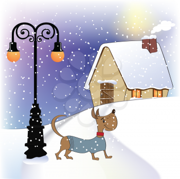 Royalty Free Clipart Image of a Dog in a Winter Landscape