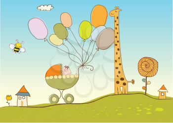 Royalty Free Clipart Image of a Baby Carriage With Balloons on a Nature and Animal Background