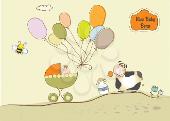 Royalty Free Clipart Image of a Baby in a Buggy With Balloons and a Cow