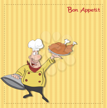Royalty Free Clipart Image of a Cartoon Chef Holding a Roast Turkey