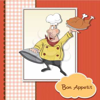 Royalty Free Clipart Image of a Cartoon Chef Holding a Tray of Food