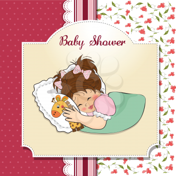 Royalty Free Clipart Image of a Little Girl Holding Her Giraffe on a Baby Shower Card