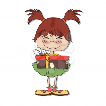 Royalty Free Clipart Image of a Young Girl Holding a Gift