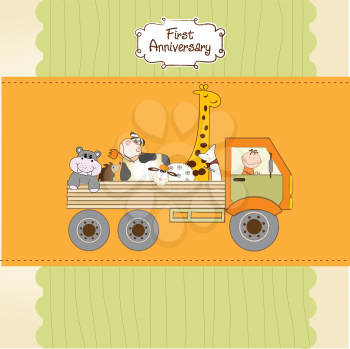 Royalty Free Clipart Image of an Anniversary Card With Animals in a Truck