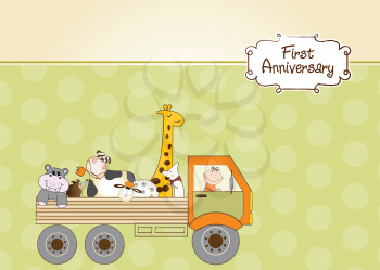 Royalty Free Clipart Image of an Anniversary Card With a Truck Full of Animals