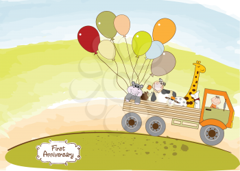 Royalty Free Clipart Image of an Anniversary Card With a Truck of Animals and Balloons