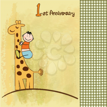 Royalty Free Clipart Image of a First Anniversary Card With a Child on a Giraffe