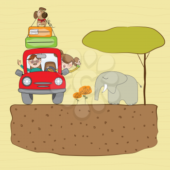 Royalty Free Clipart Image of People on Vacation With an Elephant Beside the Car