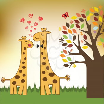 Royalty Free Clipart Image of a Giraffe Couple in Love