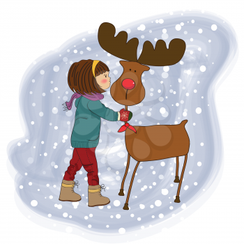 Royalty Free Clipart Image of a Girl With a Red-Nosed Reindeer