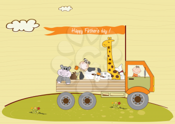 Royalty Free Clipart Image of a Father's Day Card With a Truck Full of Animals