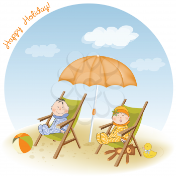 Royalty Free Clipart Image of Children on Chairs at the Beach