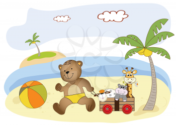 Royalty Free Clipart Image of a Teddy Bear at the Beach