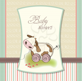 Baby shower card with cute cow toy, vector illustration