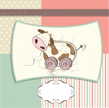 childish card with cute cow toy, vector illustration
