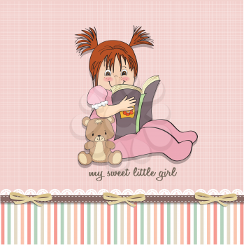 sweet little girl reading a book, vector illustration