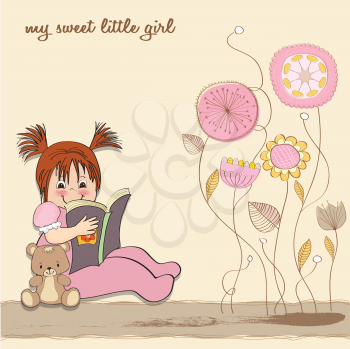 sweet little girl reading a book, vector illustration